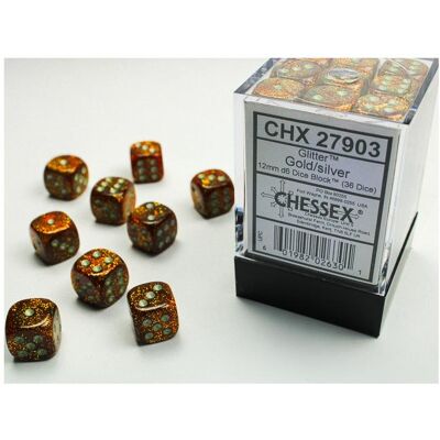 Chessex Glitter 12mm d6 Gold/silver Dice Block (36 dice) Chessex Glitter 12mm d6 Gold/silver Dice Block (36 dice)