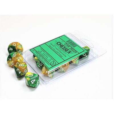 Chessex Gemini Gold-Green/white Set of Ten d10s Chessex Gemini Gold-Green/white Set of Ten d10s