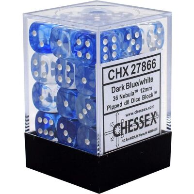 Chessex Nebula 12mm d6 Dark Blue/white Dice Block (36 dice) Chessex Nebula 12mm d6 Dark Blue/white Dice Block (36 dice)