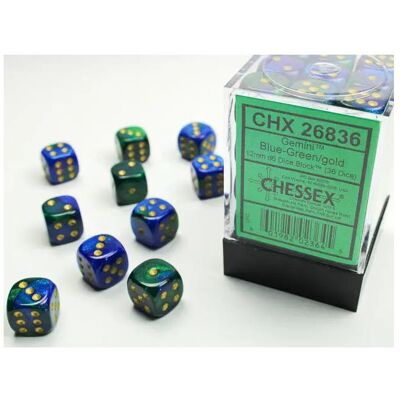 Chessex Gemini 12mm d6 Blue-Green/gold Dice Block (36 dice) Chessex Gemini 12mm d6 Blue-Green/gold Dice Block (36 dice)