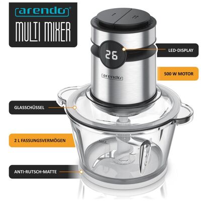 Arendo Elektrischer Zerkleinerer 500 W, 2 L Glasbehälter, Display, Sicherheitssperre, Fleisch & Gemüse, Zerkleinerer, Silber Arendo Elektrischer Zerkleinerer 500 W, 2 L Glasbehälter, Display, Sicherheitssperre, Fleisch & Gemüse, Zerkleinerer, Silber