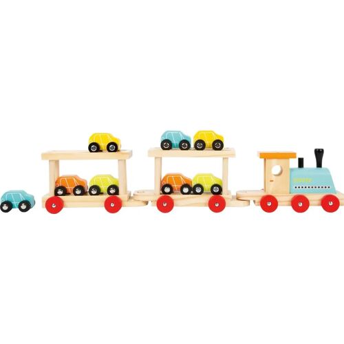 Legler Small Foot 7006 - Holzeisenbahn Autozug Mit Zwei Waggons Und 8 Autos Holz 11-Teilig 52x7x15cm