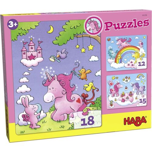 HABA Sales GmbH & Co.KG Puzzles Einhorn Glitzerglück. 3 Motive 12 15 18 Teile