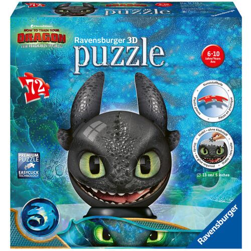 Ravensburger Spieleverlag Ravensburger 3d Puzzle 11145 - Puzzle-Ball Dragons 3 Ohnezahn Mit Ohren- 72 Teile - Puzzle-Ball Für Fans Von Dragons Ab 6 Jahren