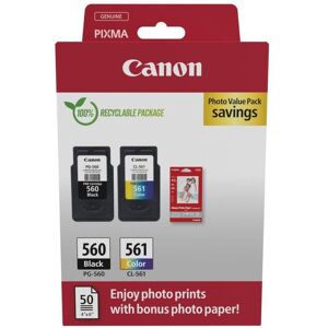 Canon Original PG-560 + CL-561 Druckerpatronen Valuepack - 1 x schwarz / 1 x farbig + 50 Blatt Fotopapier (3713C008)