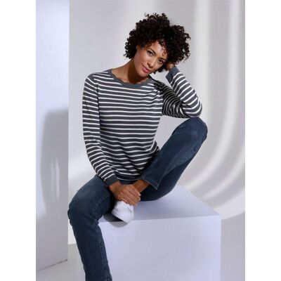 CREATION L PREMIUM Rundhalspullover rauchblau-ecru-geringelt 44 female CREATION L PREMIUM Rundhalspullover rauchblau-ecru-geringelt 44 female