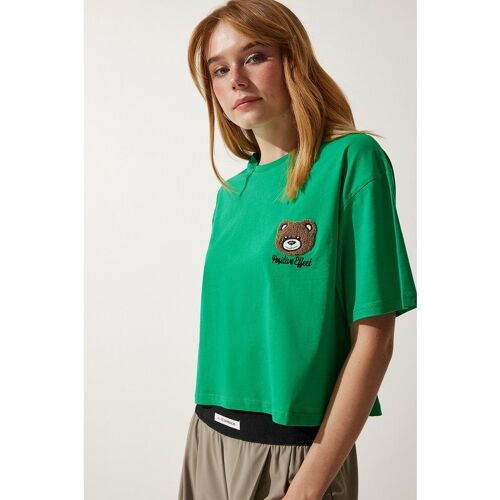 Happiness İstanbul Grünes, Mit Teddybären Besticktes, Kurzes Strick-t-shirt für Damen - 38