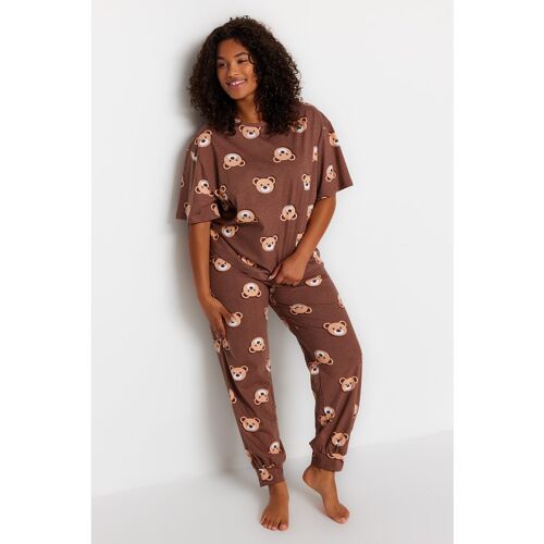 Trendyol Curve Braunes Pyjama-set Aus Strick Mit Teddybär-muster für Damen - 7XL