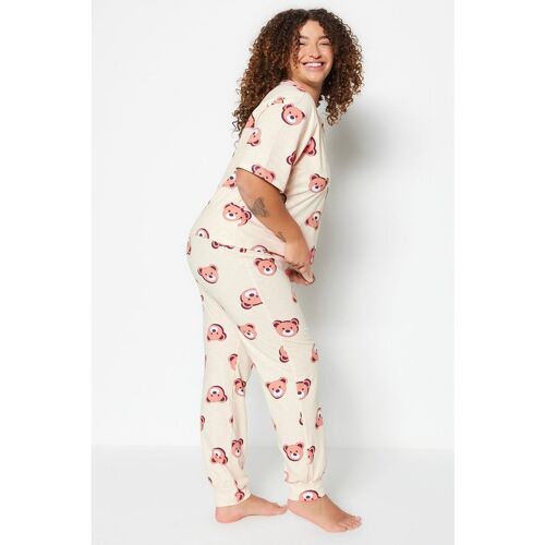 Trendyol Curve Ecrufarbenes Pyjama-set Aus Strick Mit Teddybär-muster für Damen - 7XL