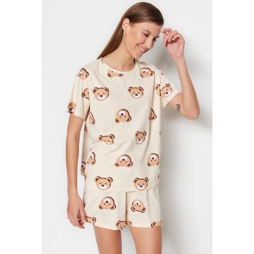 Trendyol Collection Ecru Gestricktes Pyjama-set Aus 100 % Baumwolle Mit Teddybär-muster Und T-shirt-shorts für Damen - S