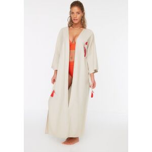 Trendyol Collection Korallenroter Maxi-kimono Und Kaftan Aus Gewebter, Bestickter Leinenmischung Mit Gürtel, 100 % Baumwolle, für Damen - 40