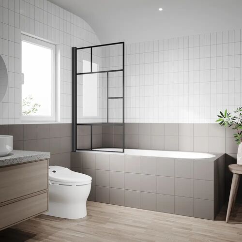 SONNI Duschwand für Badewanne mit schwarzem Gitterdesign NANO-GLAS Badewannenaufsatz faltbar 80×140 cm(BxH) Duschabtrennung Badewanne