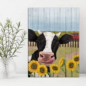 Aidegou25 Niedliche Kuh-Wandkunst, Dekor, Gelbe Sonnenblume, Rote Scheune, Leinwandgemälde, Rustikales Bauernhaus-Tiergemälde, Lustiges Kuhbild