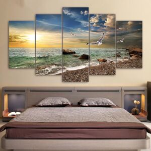 Aidegou25 Leinwand-Wandkunst, Bilderrahmen, Küche, Restaurant, Dekor, 5 Stück, Sonnenuntergang, Landschaft, Tier, Möwe, Strand, Wohnzimmer, Druckplakate