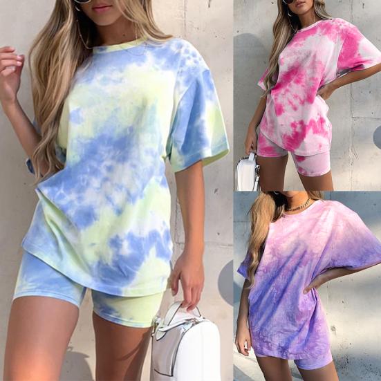 Bluelans Clothing Damen Casual O-Ausschnitt Kurzarm T-Shirt Shorts Tie Dye Zweiteilige Sport-Outfits