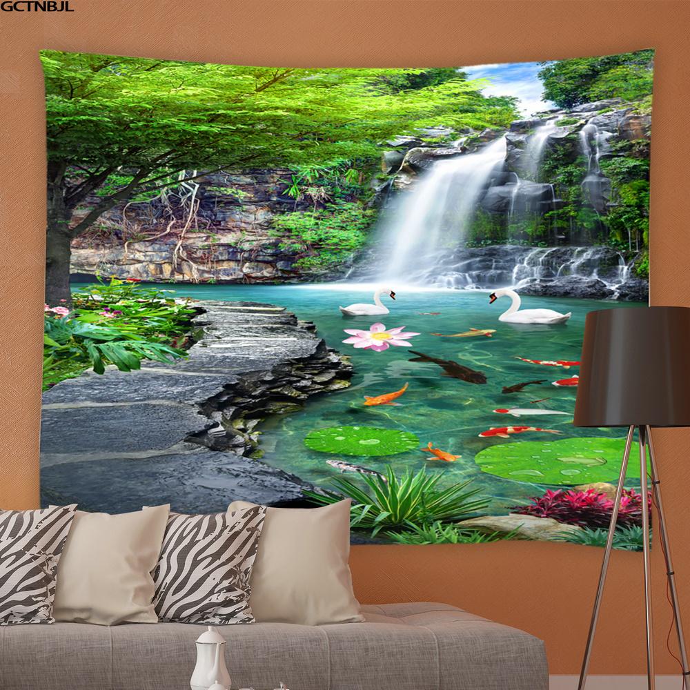 Bling Bling Tapestry Frühling Natürliche Landschaft Wandteppich 3d Wald Wasserfall Landschaft Wandbehang Hause Hintergrund Tuch Dekor Garten Poster Für Außerhalb