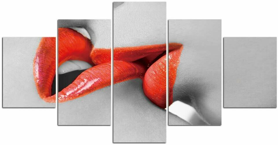 Trouvaille Posters 5 Stück Love Red Kiss Lippenstift Dekor 5 Stück Leinwand Poster Hd-Druck Kein Rahmen 5 Panel Moderne Abstrakte Bilder Gemälde