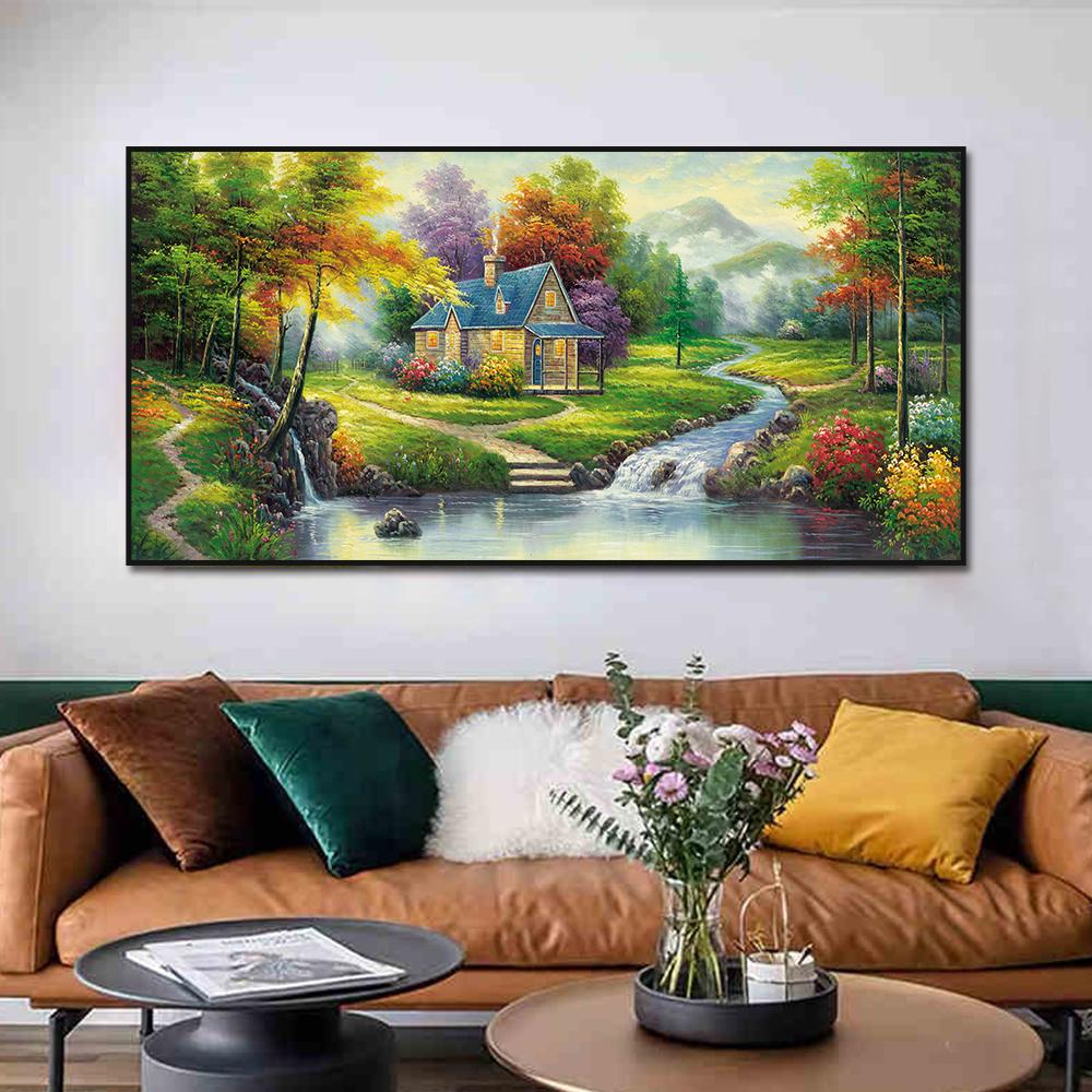 Aidegou10 Abstrakte Haus Garten Fluss Bäume Leinwand Malerei Nordic Wand Kunst Bilder Poster Und Drucke Wohnzimmer Wohnkultur Kein Rahmen