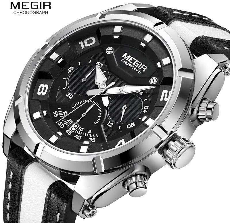 Megir Outdoor Sport Quarz Uhren Männer Top Luxus Marke Chronograph Leder Wasserdichte Armbanduhren