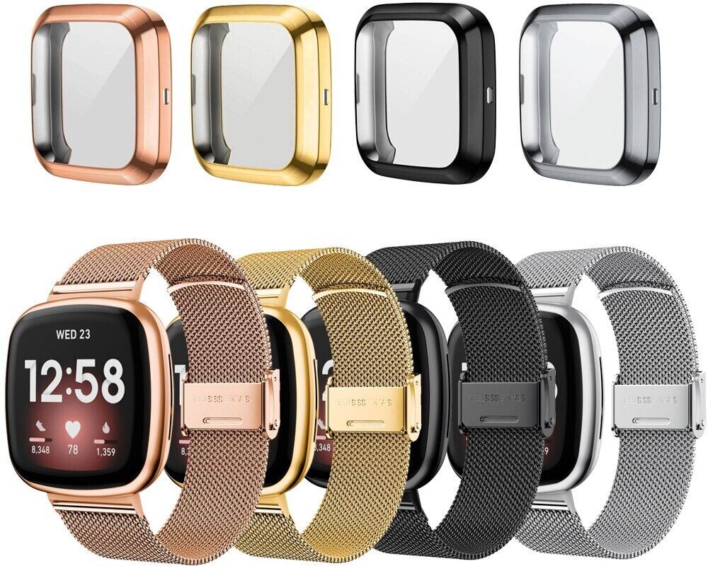 Lucky001 Milanese-Armband Für Fitbit Versa 4 3 Sense 2 Band Mit Tpu-Gehäuse, Displayschutzfolie, Stoßstange Für Metallarmband Für Fitbit Sense2-Uhr