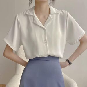 Premium Outlets Frauen Chiffon Bluse Einreiher V-Ausschnitt Cardigan Tops Kurzarm Einfarbig Revers Hemd