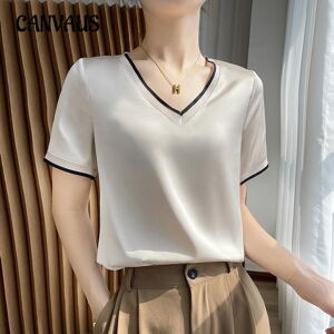 Canvaus Sommer Damen T-Shirt Aus Seide, Satin, Seide, V-Ausschnitt, Maulbeerseide, Kurzes, Lockeres Oberteil, Kurzärmeliges T-Shirt