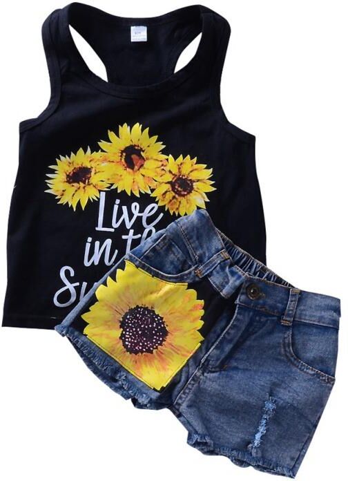 Sunshine Kids Clothing Sommer Baby Mädchen Kleidung Set Kleine Kinder Sonnenblumen Weste + Denim Shorts Sets