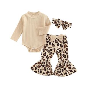 Little Fashionistas Baby-Mädchen-Hosen-Set, Langarm-Strampler + Schleife-Schlaghose Mit Leopardenmuster + Stirnband