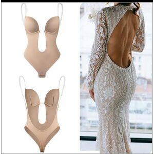 Lucky Pig Damen-Body Mit Tiefem V-Ausschnitt, Nahtlos, Rückenfrei, Tanga-Unterteil Mit Gepolstertem Push-Up-Bh, Unterwäsche Für Hochzeit, Party, Kleid