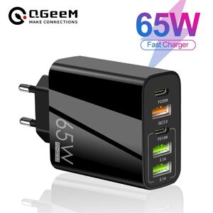 Qgeem 65 W Usb-Ladegerät, Schnellladung, Qc 3.0, Pd 3.0, Wandaufladung, 5 Ports, Eu-Stecker, Adapter, Reisen