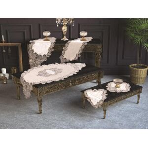 Dowry World Jasmine Velvet Runner Set 5-Teilig Für Wohnzimmer, Französische Spitze, Hochzeit, Wohnaccessoires, Creme