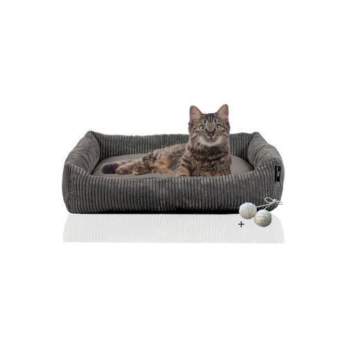 Rohrschneider ® Katzenbett waschbar mit Gratis-Beigabe, robuster Breit-Cordstoff grau