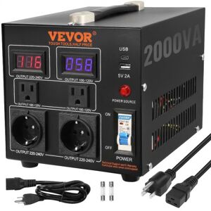 VEVOR 2000W Spannungswandler Transformator AC 110V⇋220V Transformer Wandler 2x US NEMA 5-15R 3-polige/2x standardmäßige europäische Shucko-Ausgangssteckdosen, 1x 5V-USB-Anschluss, 1x Typ-C-Buchse