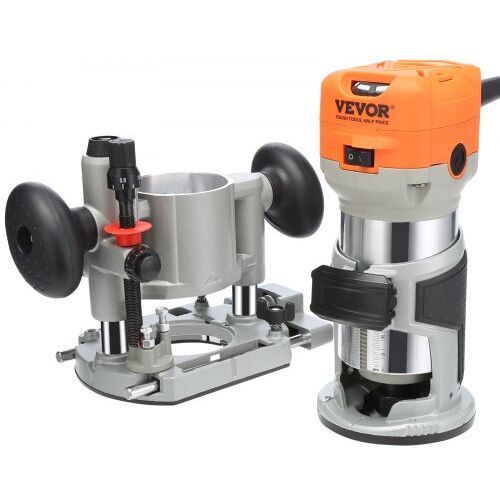 VEVOR Oberfräse Trimmer 800W Kantenfräse 10000-30000U/min Einhandfräse 6 Geschwindigkeiten Multifunktionsfräse Rollenführung Schraubenschlüssel(13*138 mm, 22*165 mm) für unterschiedliche Holzarten