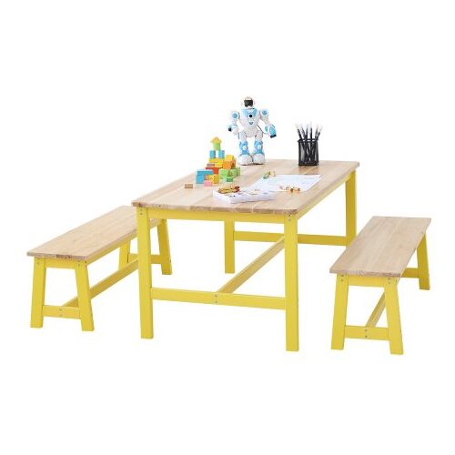 VEVOR Kindersitzgruppe Kindertisch, 2 Bänke 1 Tisch Kindersitzgruppe aus Massivholz, Kindertisch-Set Stabile Kindermöbel Sitzmöbel für Kinder, Mädchen, Jungen, Spielzimmer Kindermöbelset Gelb