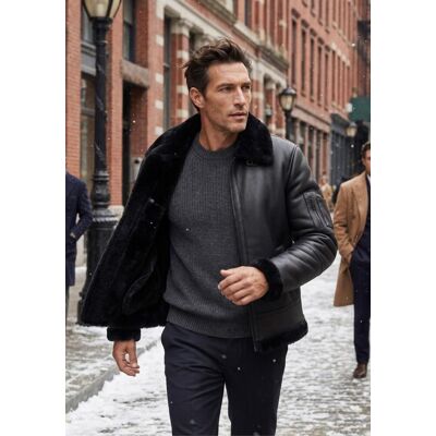 Hollert Lammfell Bomberjacke Aviator Black aus Merino Shearling Größe: M male Hollert Lammfell Bomberjacke Aviator Black aus Merino Shearling Größe: M male