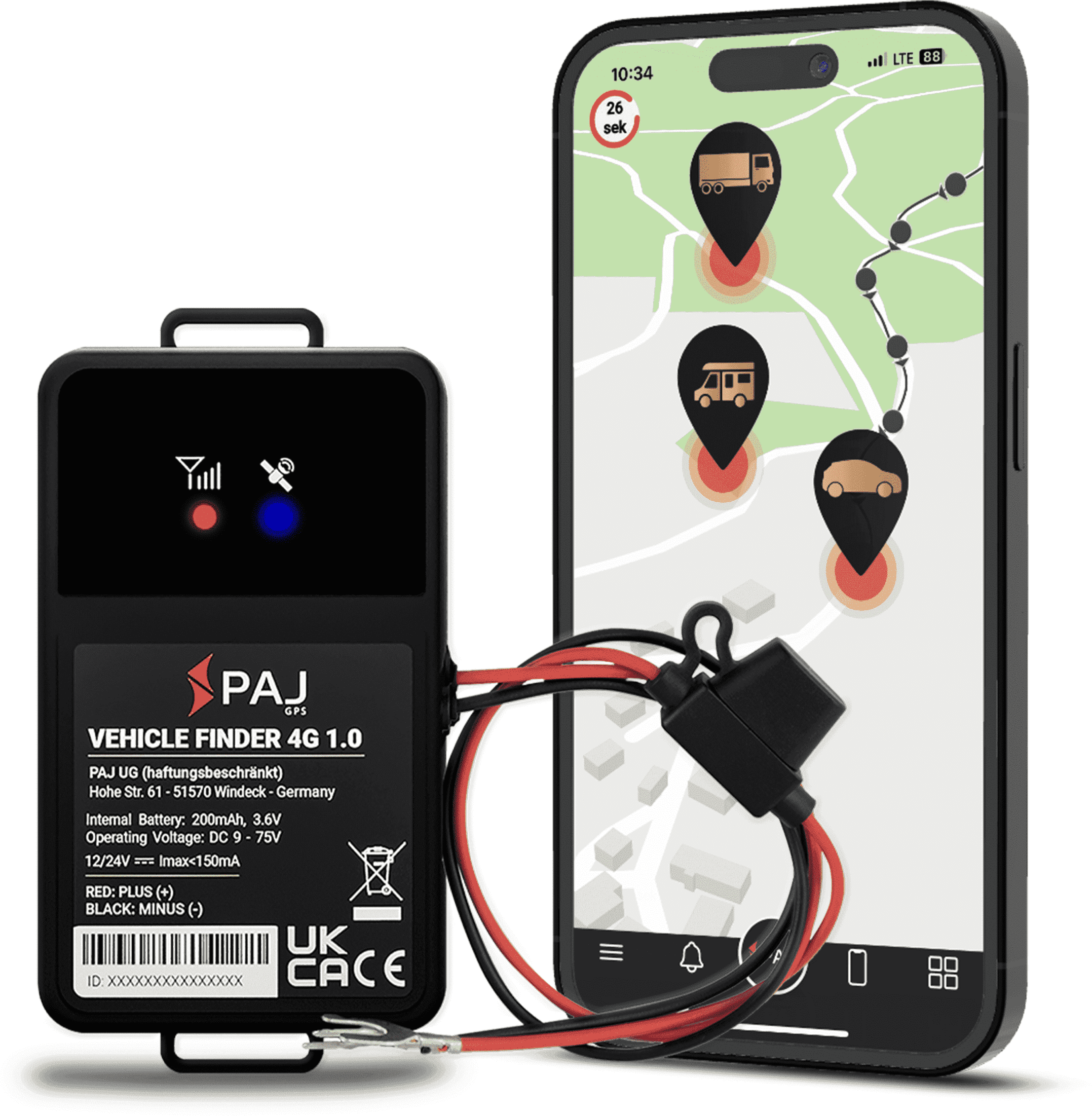 PAJ GPS Tracker VEHICLE Finder 4G 1.0 für Auto, Motorrad, Camper, Wohnmobil mit Batterie-Festanschluss. Live-Ortung und Alarmanlage