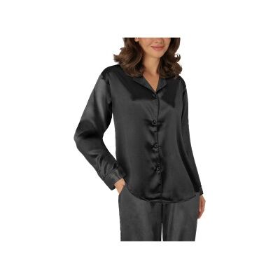 Lady Avenue Satin Pyjama With Long Sleeves Schwarz Large Damen Lady Avenue Satin Pyjama With Long Sleeves Schwarz Large Damen