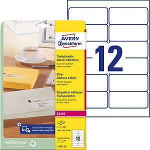AVERY Zweckform Folien-Adressetiketten L4772-25 transparent 99,1 x 42,3 mm, 25 Blatt AVERY Zweckform Folien-Adressetiketten L4772-25 transparent 99,1 x 42,3 mm, 25 Blatt