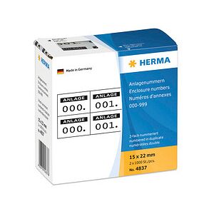 HERMA Klebenummern 4837 Zahlen, weiß/schwarz 15,0 x 22,0 mm, 2x1.000 Etiketten HERMA Klebenummern 4837 Zahlen, weiß/schwarz 15,0 x 22,0 mm, 2x1.000 Etiketten