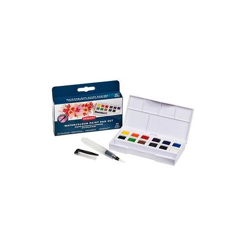 DERWENT Wasserfarbkasten 12 halbe Näpfchen und eine Derwent Mini Waterbrush in einer kompakten Palette mit Mischschale