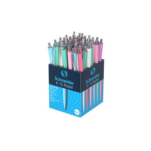 Schneider Kugelschreiber K15 pastell farbsortiert, Schreibfarbe: blau, 50 St.