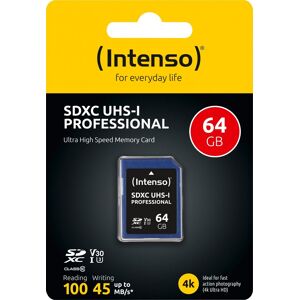 Intenso SDXC-Card 64GB, Professional, Class 10, U1, UHS-I (R) 100MB/s, (W) 45MB/s, Retail-Blister