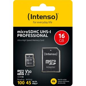 Intenso microSDHC Card 16GB, Professional, Class 10, U1 (R) 100MB/s, (W) 45MB/s, SD-Adapter, Retail-Blister