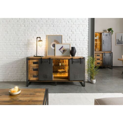 Massivmoebel24.de Sideboard Mango / Altholz 180x45x90 natur / grau lackiert / Metall grau BLACKBURN LUX #552
