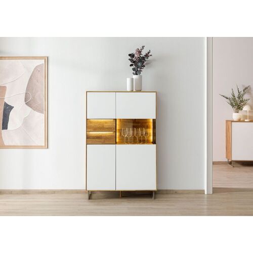 Massivmoebel24.de Highboard Wildeiche 94x43x144 natur geölt / Glas weiß WIEN #125