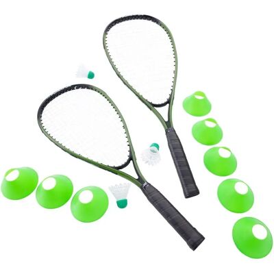 Set mit 2 Badmintonschlägern, 3 Federbällen, 8 Plastik-Übungshütchen in einer Tragetasche mit Flugetikett Pure4Fun FC Noir 58x21 cm Set mit 2 Badmintonschlägern, 3 Federbällen, 8 Plastik-Übungshütchen in einer Tragetasche mit Flugetikett Pure4Fun FC Noir 58x21 cm