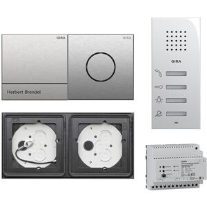 Gira 106 System 2-fach Gegensprechanlagen Set Edelstahl V4A mit Klingelmodul 1 Ruftaste Edelstahl und Sprachmodul + Wohnungsstation AP 125003 + Audio-Steuergerät mit Gravur