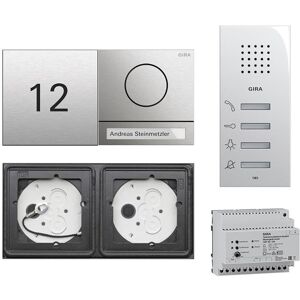 Gira 106 System 2-fach Gegensprechanlagen Set Edelstahl V4A mit Sprachmodul mit 1 RT Kunststoff und Infomodul + Wohnungsstation AP 125003 + Audio-Steuergerät mit Gravur