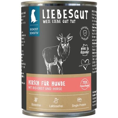 Liebesgut Hundenassfutter Sensitiv Hirsch mit Bio-Obst und Bio-Hirse 6x400g Liebesgut Hundenassfutter Sensitiv Hirsch mit Bio-Obst und Bio-Hirse 6x400g